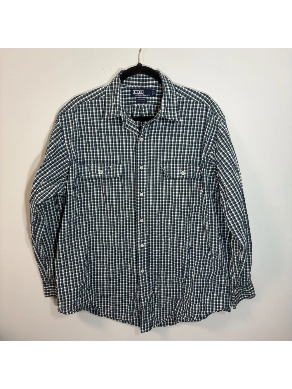 VTG Polo Ralph Lauren Whitfield Cotton Plaid Shirt Green, Navy & White - Large